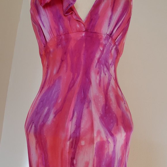 Silk ruffle Short Dress 4 6 8 bridesmaid party tie dyed painted purple pink blue - Picture 6 of 7